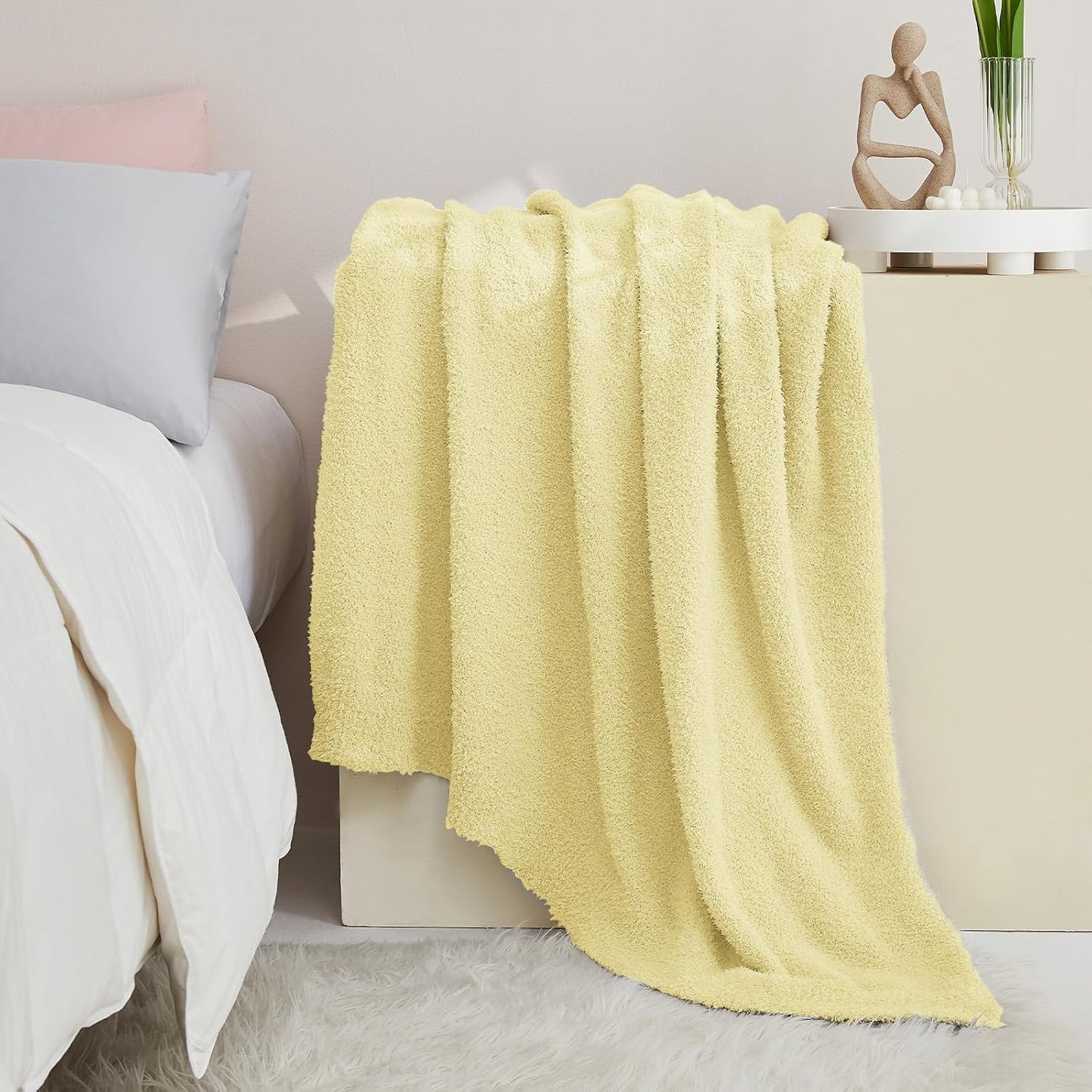 CYMULA Knit Throw Blanket for Couch Yellow - Super Soft Lightweight Plush Fuzzy Fluffy Cozy