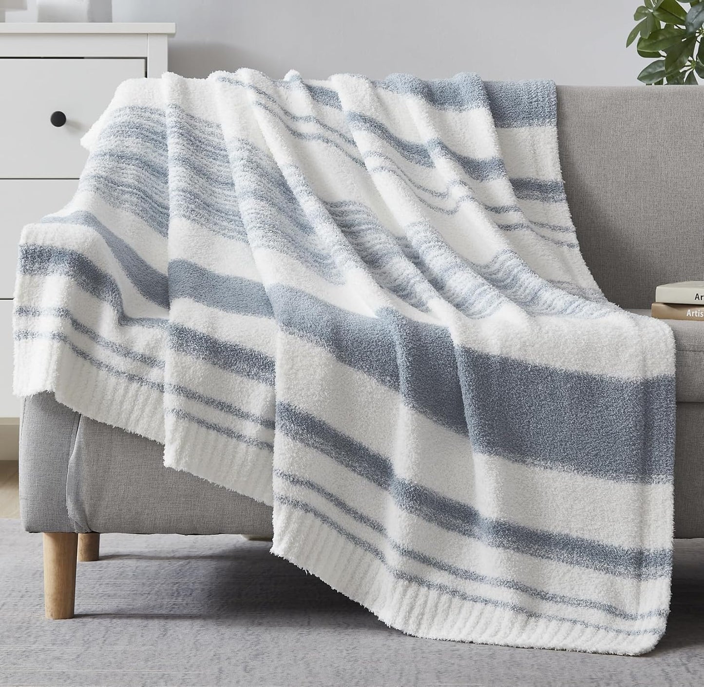 WRENGONGE Grey Blue Throw Blanket, 50x70 Soft Cozy Striped Throw Blankets for Couch, Sofa, Bed