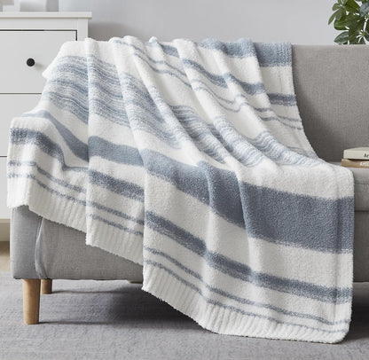 WRENGONGE Grey Blue Throw Blanket, 50x70 Soft Cozy Striped Throw Blankets for Couch, Sofa, Bed