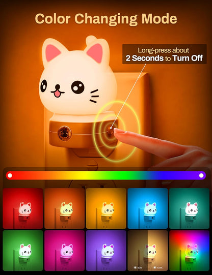 Cat Night Lights Plug Into Wall, Cute Night Light for Kids, 8-Color RGB LED Night Light with Dusk to Dawn Sensor, Nightlight for Kids Room, Bathroom, Bedroom Décor, Children Gift