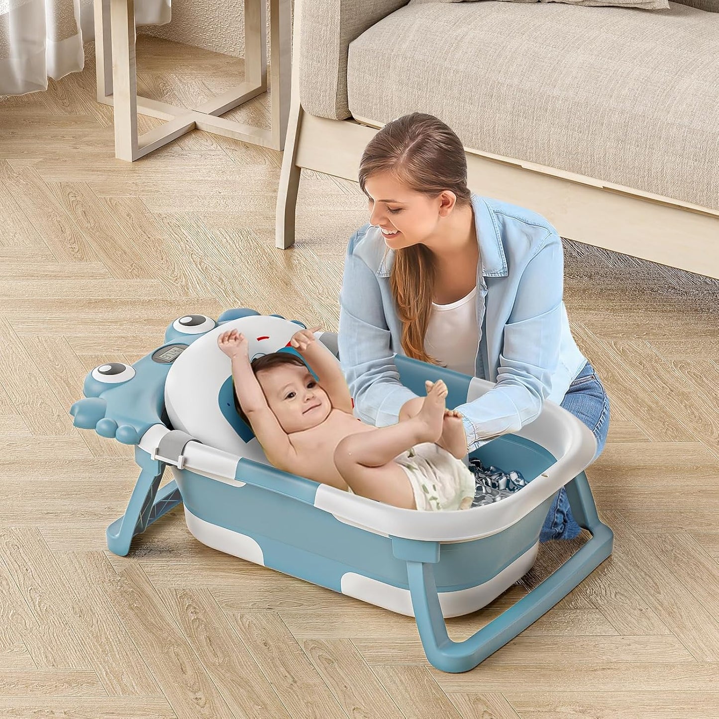 Collapsible Baby Bathtub for Newborns to Toddler with Real-time Temp Monitor & Floating