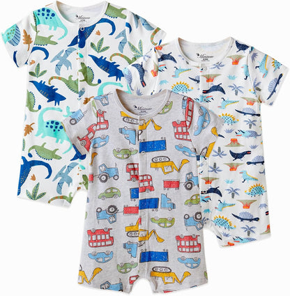 3-Pack 100% Cotton Baby Boy Rompers,0-24Months Short Sleeve Toddler Romper,Breathable Spring/Summer Clothes