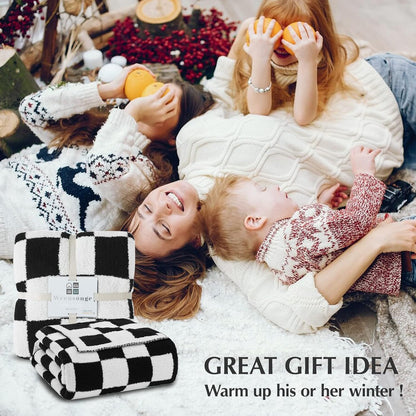 WRENSONGE Checkered Throw Blanket, Black and White Soft Cozy Fluffy Warm Hand Made Throw Blankets