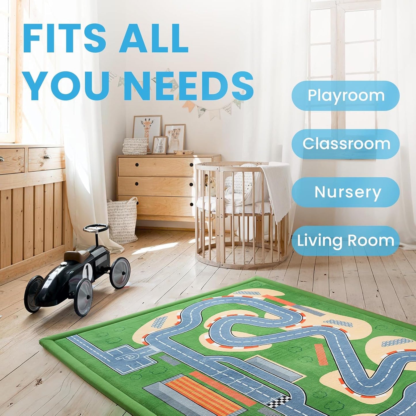 Kids Play Rug with Roads, 79"×118" Large Floor Mat Toy Cars Race Track for Classroom 1.3" Thickened Elasti-Foam Activity Education Baby Play Mat with Anti-Slip Backing