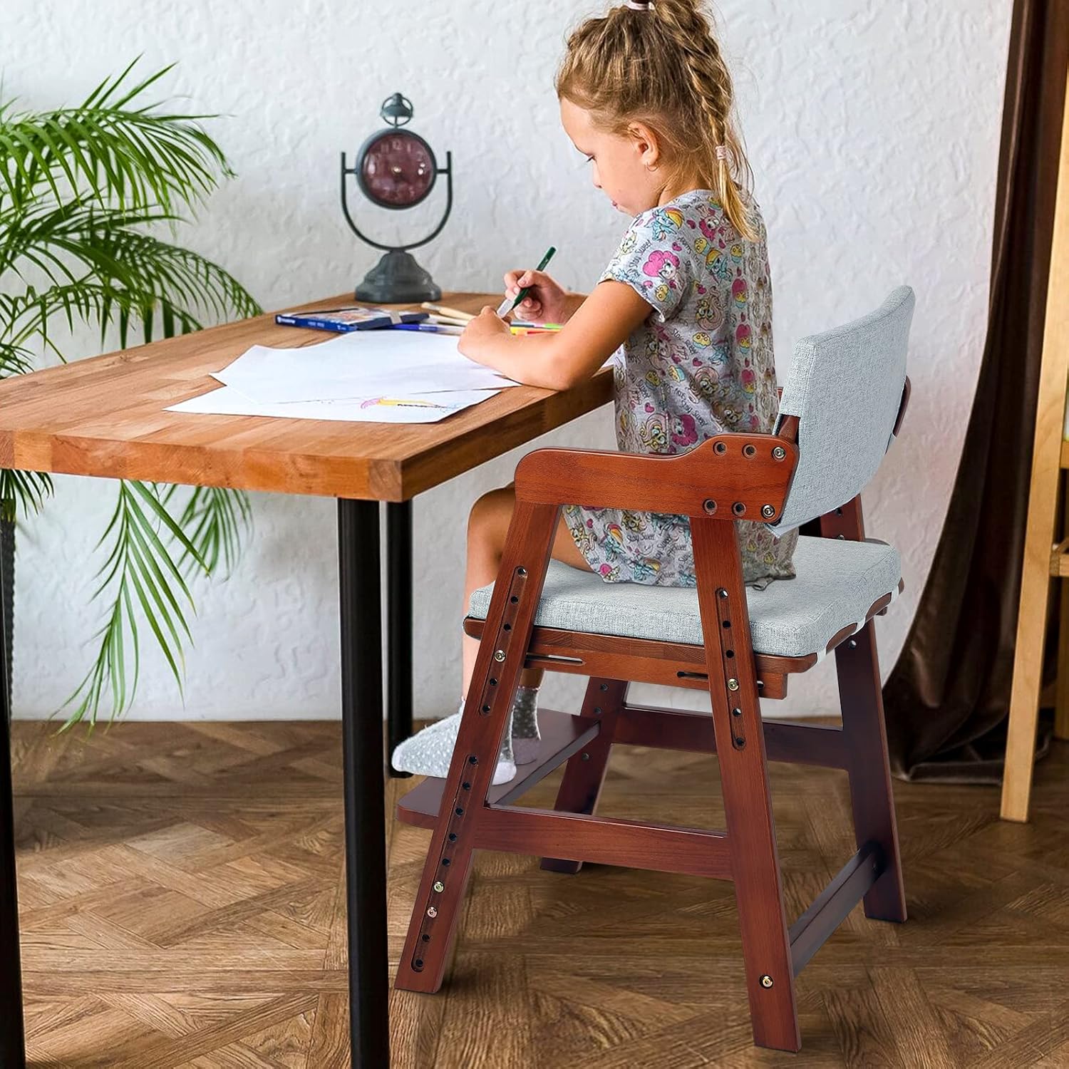 Ezebaby Wooden High Chair for Toddlers to Teens, Adjustable Kids Study & Dining Chair with Steps