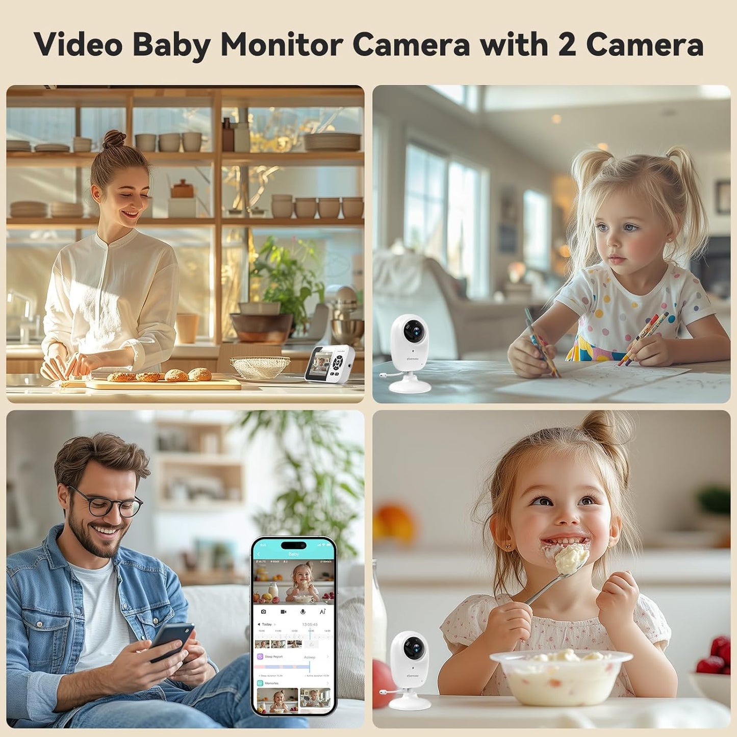 ebemate WiFi Video Baby Monitor with 2 Camera,2.8" Display with 1500Ft Long Range,WiFi On/Off,1080P No Glow Night Vision,2-Way Talk Baby Cam Monitoring EBS28-2
