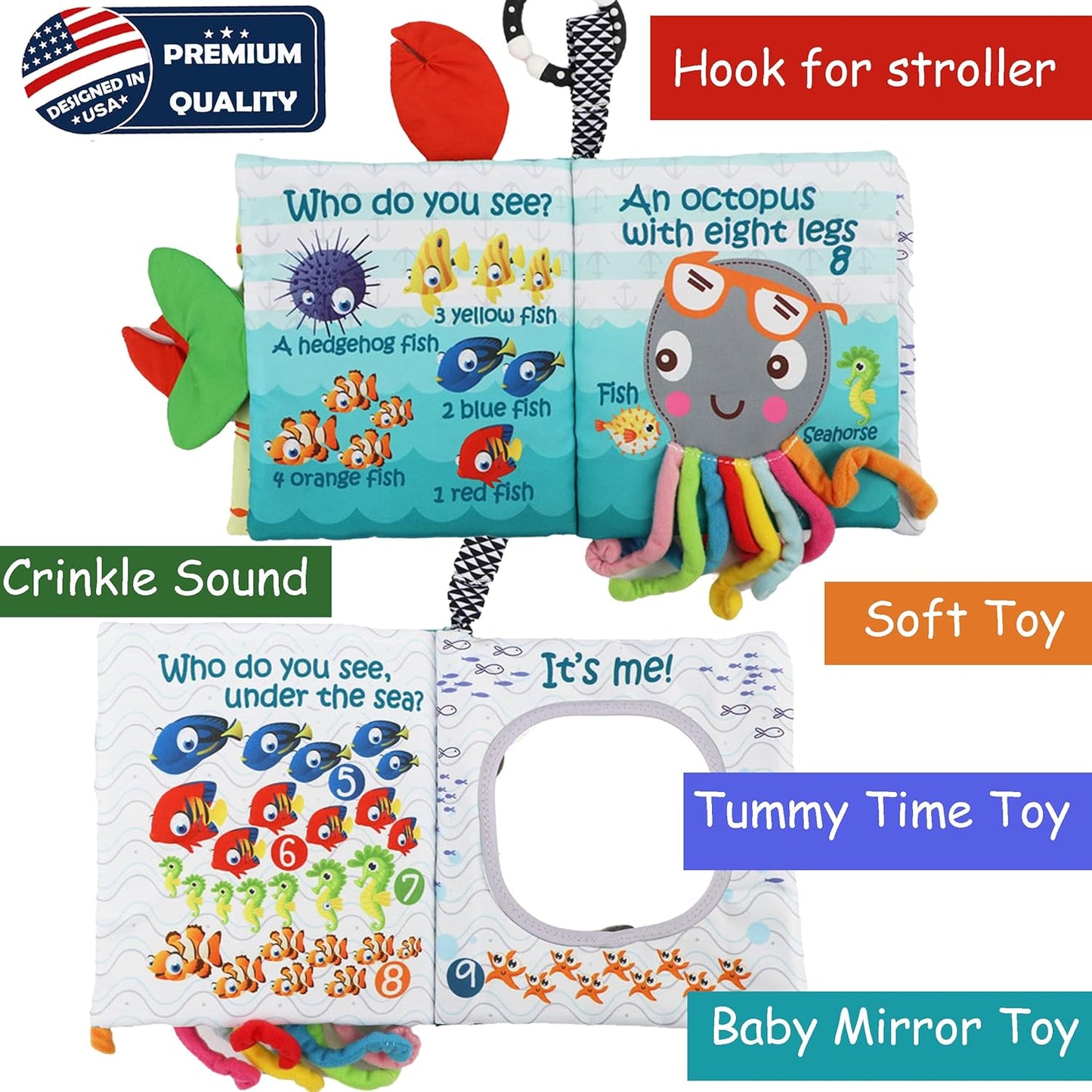 Fish Baby Book 0-6 Months,Touch Feel Cloth Crinkle Books for Babies,Infant Baby Toys 6-12 Months,Learning Education Soft Sensory Mirror Toy,Shower Gifts Easter for Boys Girls-Teether