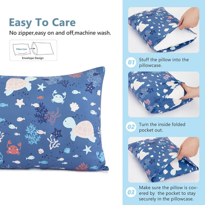 TILLYOU Toddler Pillowcase 2 Pack with Envelope Closure,13" x 18" Silky Soft Microfiber Travel Kids Pillowcase for Boys and Girls, Beach Time Turtle&Manta Ray