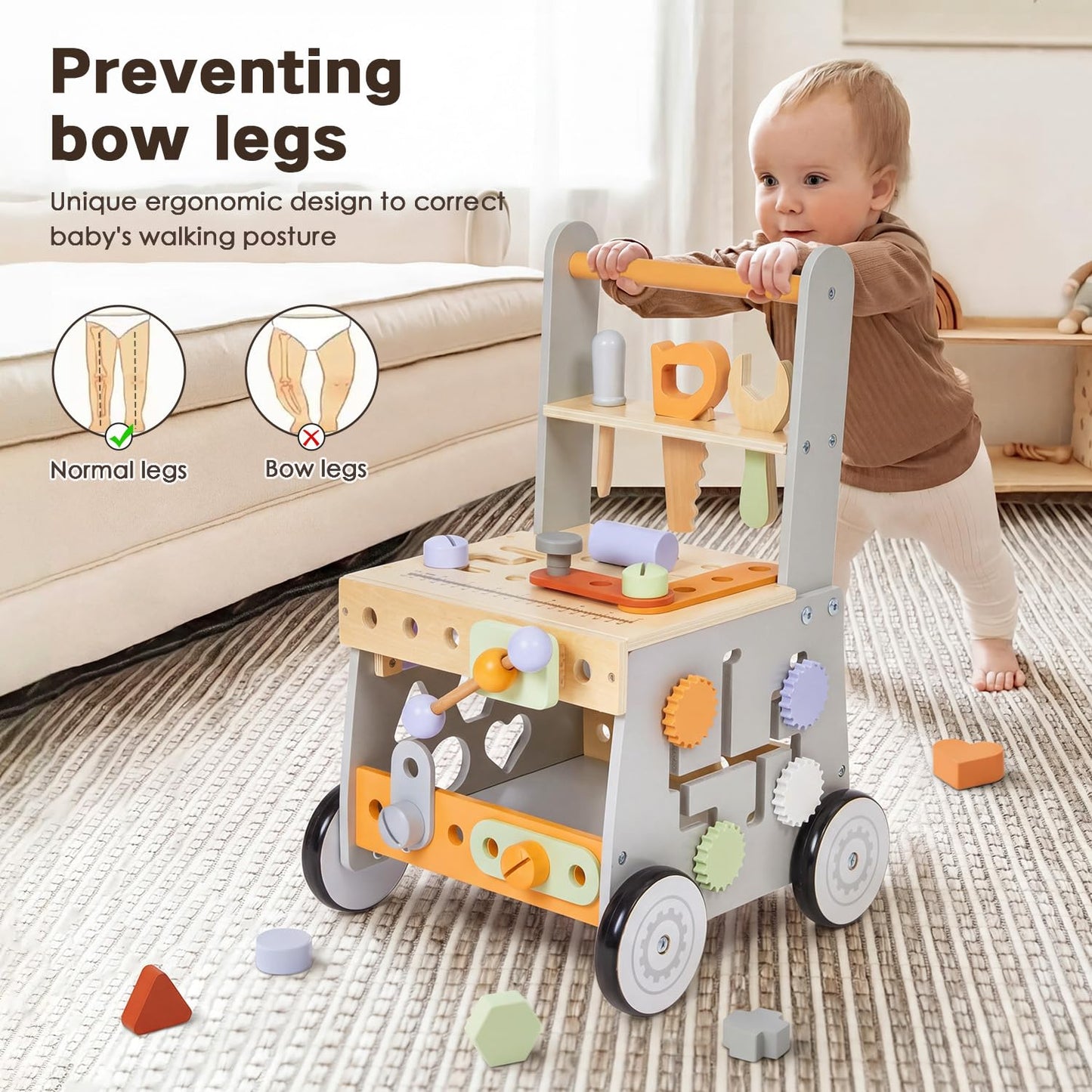 labebe Wooden Baby Walker, Baby Push Walker, Tool Toy for Toddlers, Adjustable Speed Baby Walker