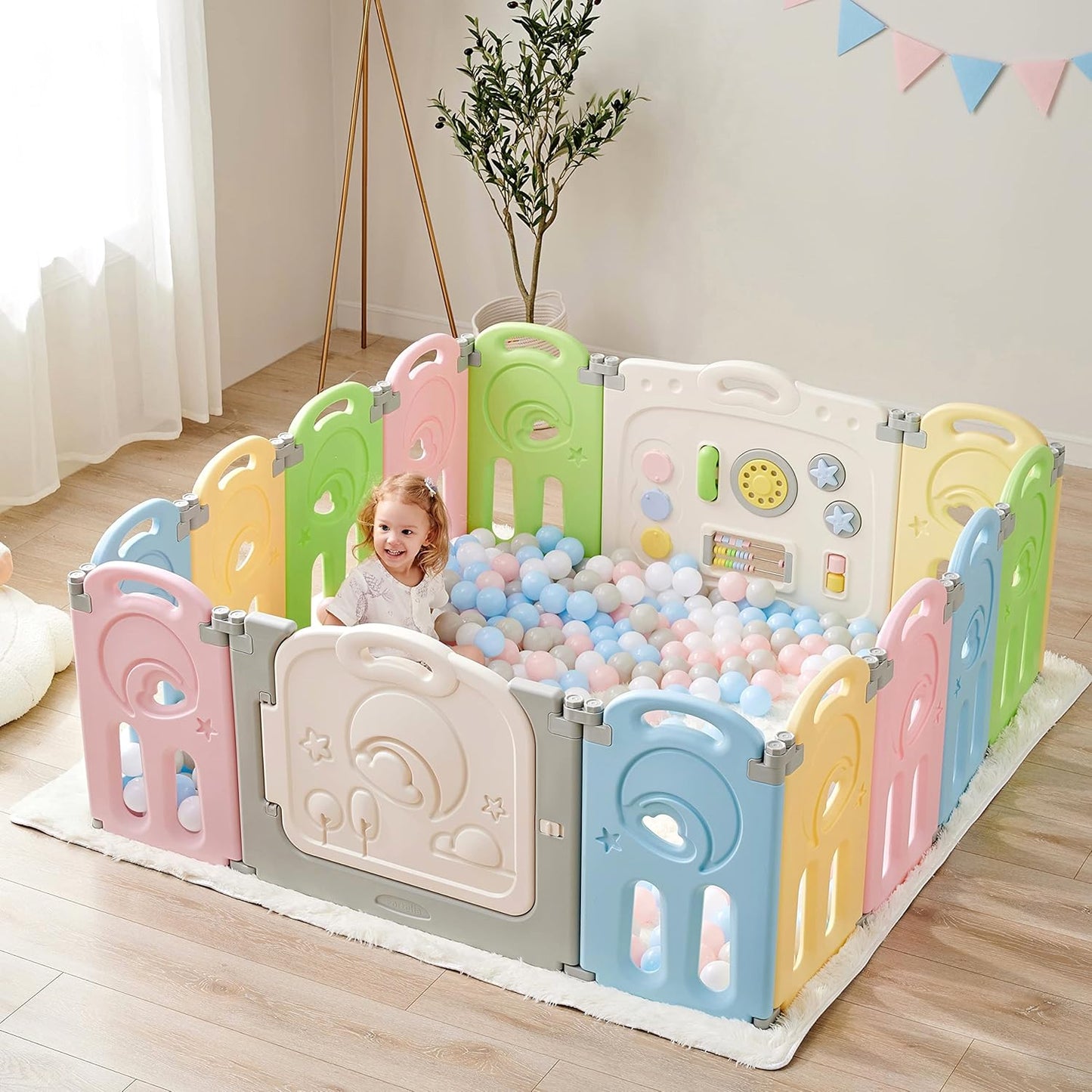 Fortella Cloud Castle Foldable Playpen, Baby Safety Play Yard with Whiteboard and Activity Wall