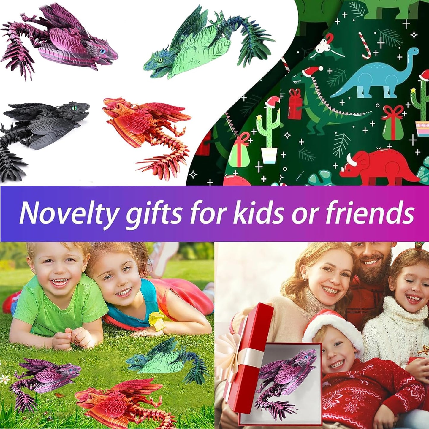 Feathered Wyvern Dragon, 3D Printed Dragon with Wings Animals Toys, Articulated Dragon Fidget Toys Desktop Pet Desk Birthday Party Gift for Kids and Adults (Purple)