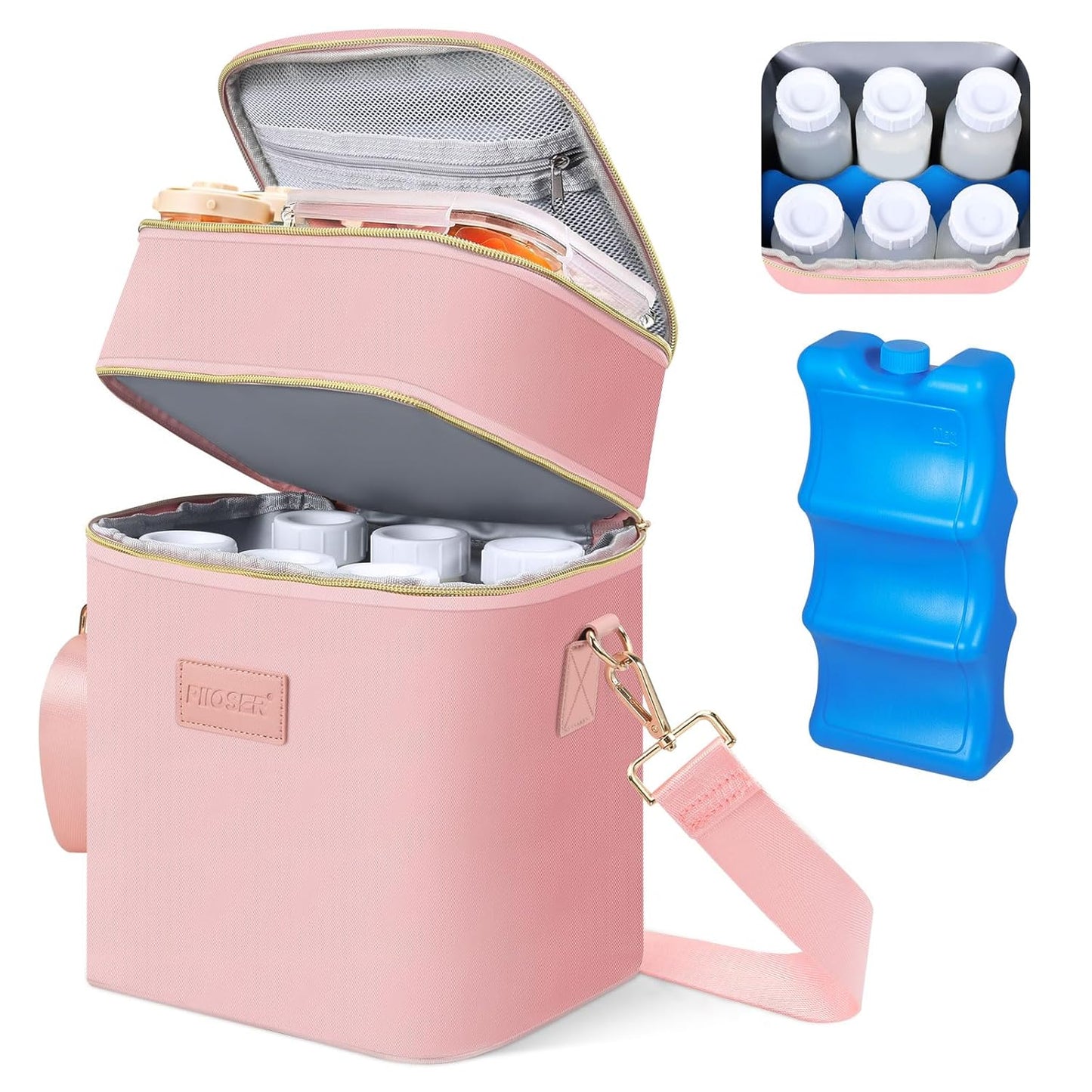 PIIOSER Breastmilk Cooler Bag with Ice Pack Fits 6 Baby Bottles Up to 9 Ounce, Insulated Baby
