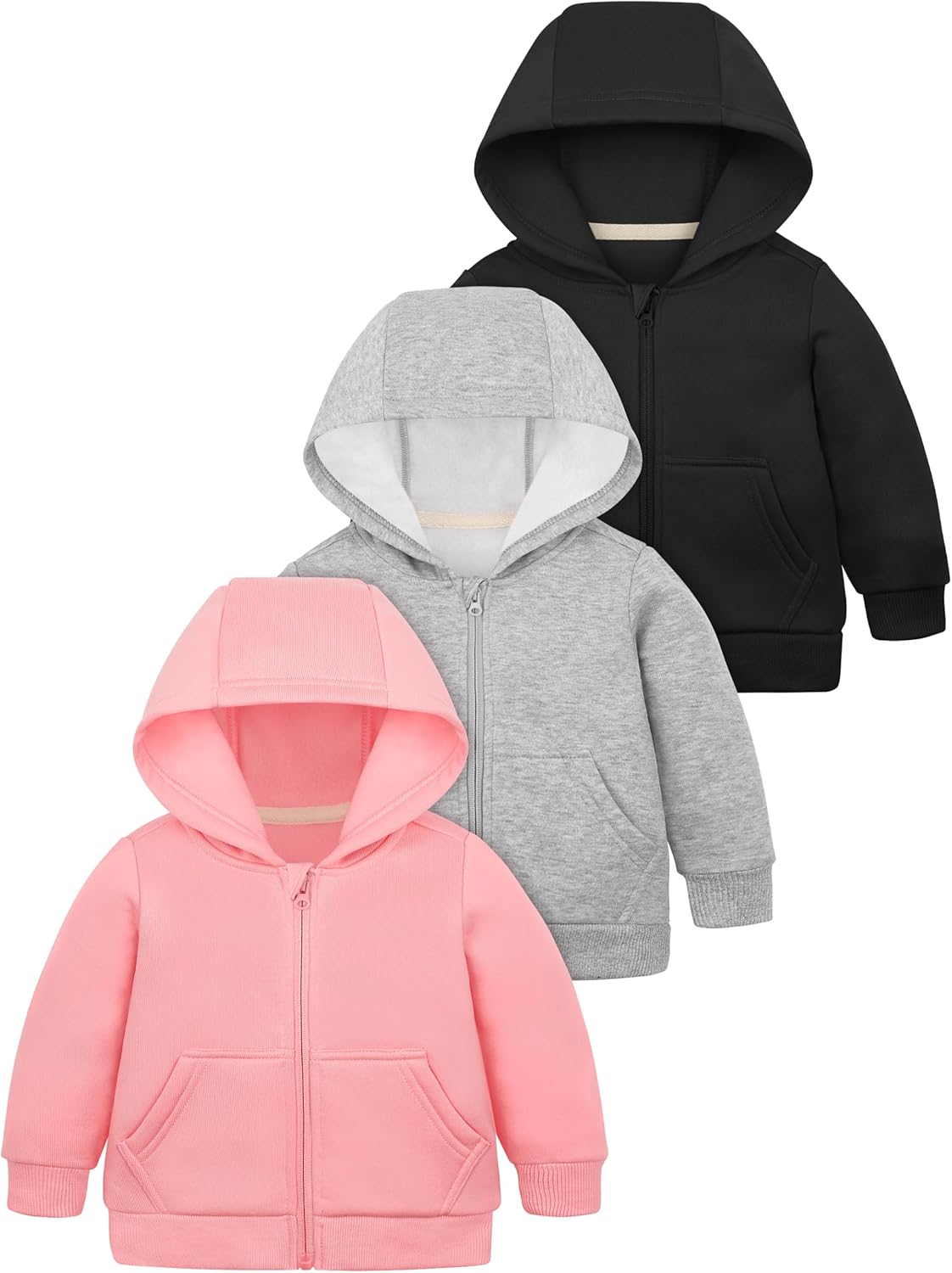 Cooraby 3 Pieces Baby and Toddler Girls Fleece Full-Zip Hoodies Lightweight Jacket with Pockets Winter Coat for Baby Girls