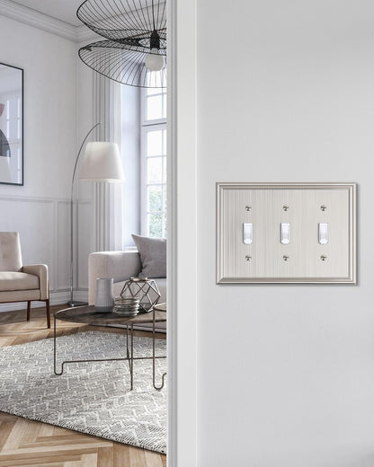 2-Pack Triple Toggle Light Switch Cover Plate, Durable Solid Zinc Alloy Decorative Switch Plate Covers, Brushed Nickel 3 Gang Wall Plate, Corrosion Resistant