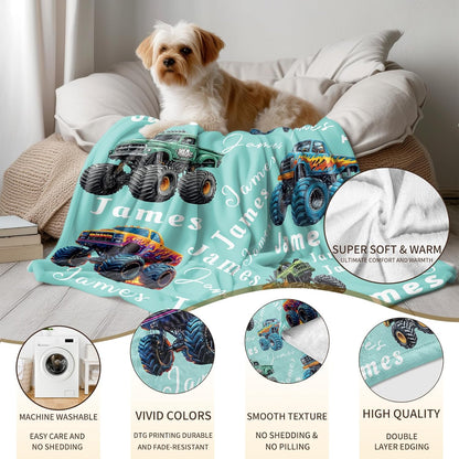 Ship Next Day, Personalized Truck Blanket - Printed in USA, Custom Name Blankets for Kids with Big