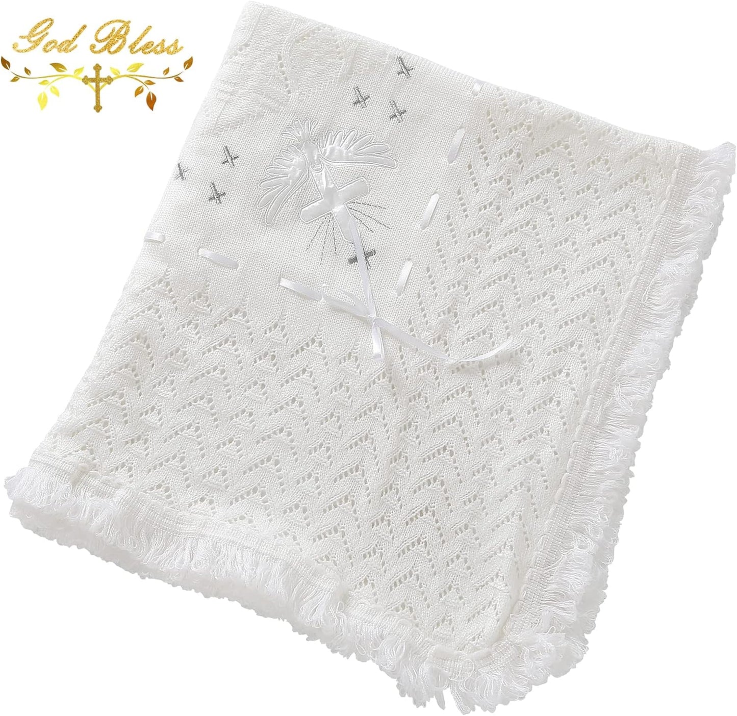 Booulfi Baby Christening Blanket Newborn White Baby Blanket Shawl Neutral Knitted Baptism Blankets