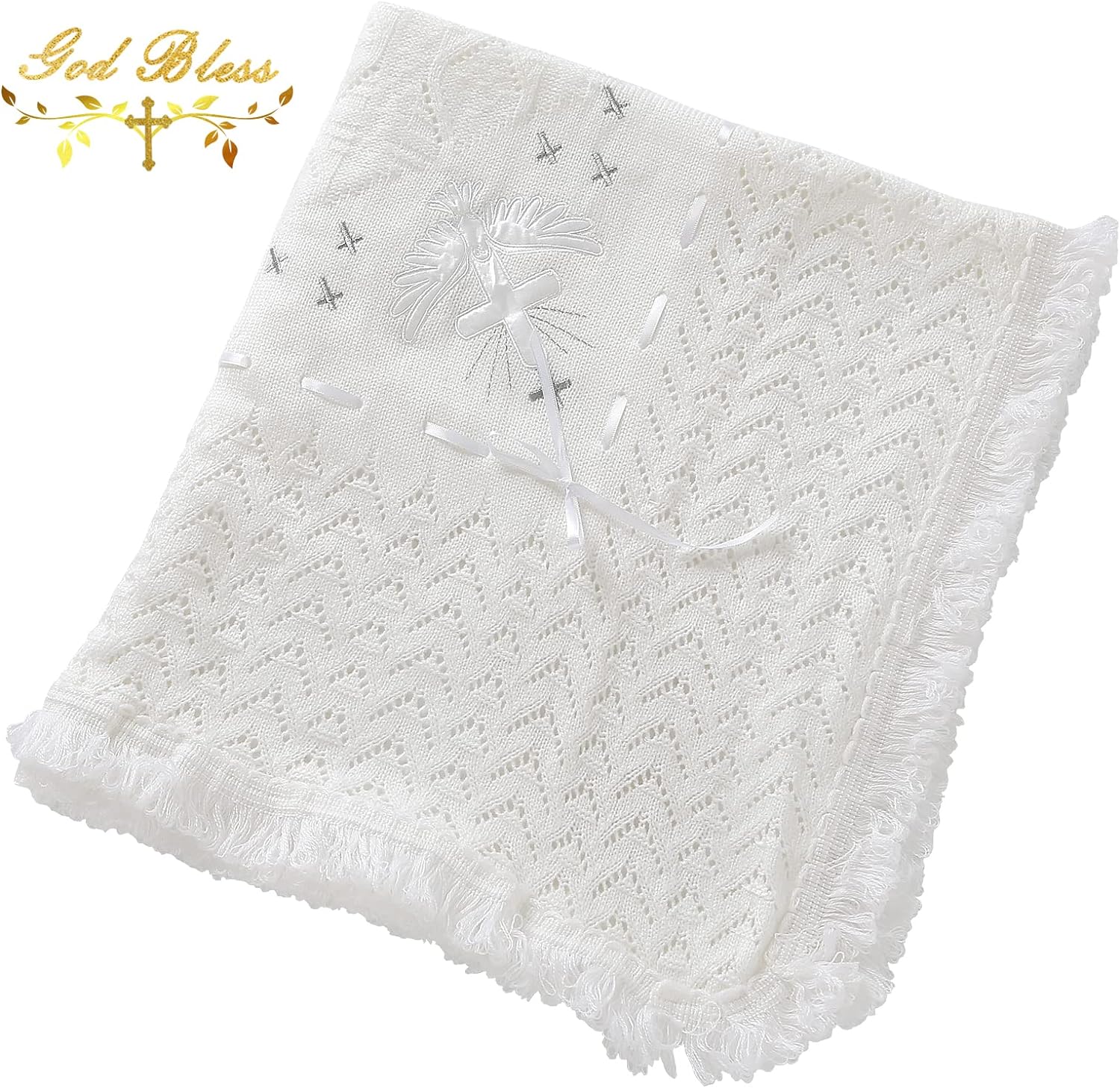 Booulfi Baby Christening Blanket Newborn White Baby Blanket Shawl Neutral Knitted Baptism Blankets