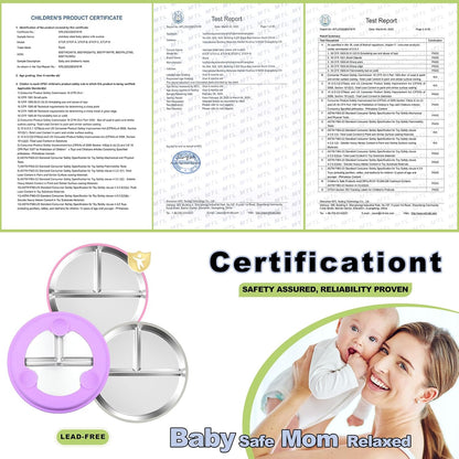 3-Pack Stainless Steel Baby Plates with Suction, BPA-Free Stainless Steel Kids Plates, 9" Divided Toddler Plate for Dishwasher Safe, Non-Slip Silicone Base, Detachable (Pink, Gray, Purple)
