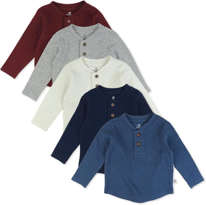 HonestBaby 5-pack Waffle Henley Long Sleeve Shirts 100% Organic Cotton for Infant Baby and Toddler Boys, Unisex