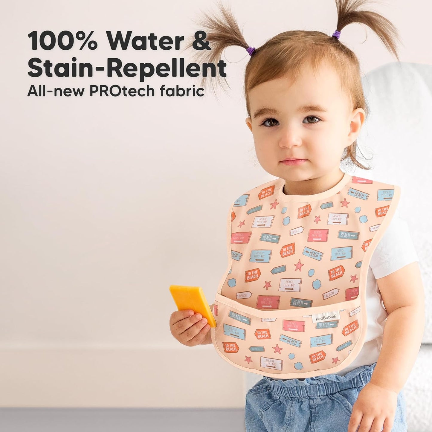 3-Pack Waterproof Baby Bibs for Eating - Lightweight Toddler Feeding Bibs with Large Food Catcher, Mess Proof, Food-Grade Baby Eating Essentials, Easy to Put On & Clean (Beach Day)