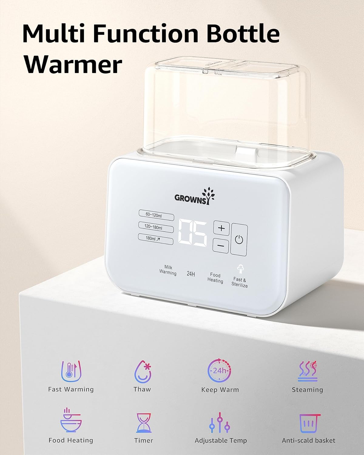 Baby Bottle Warmer, Grownsy 8-in-1 Fast Milk Warmer with Timer Breastmilk or Formula, Fits 2