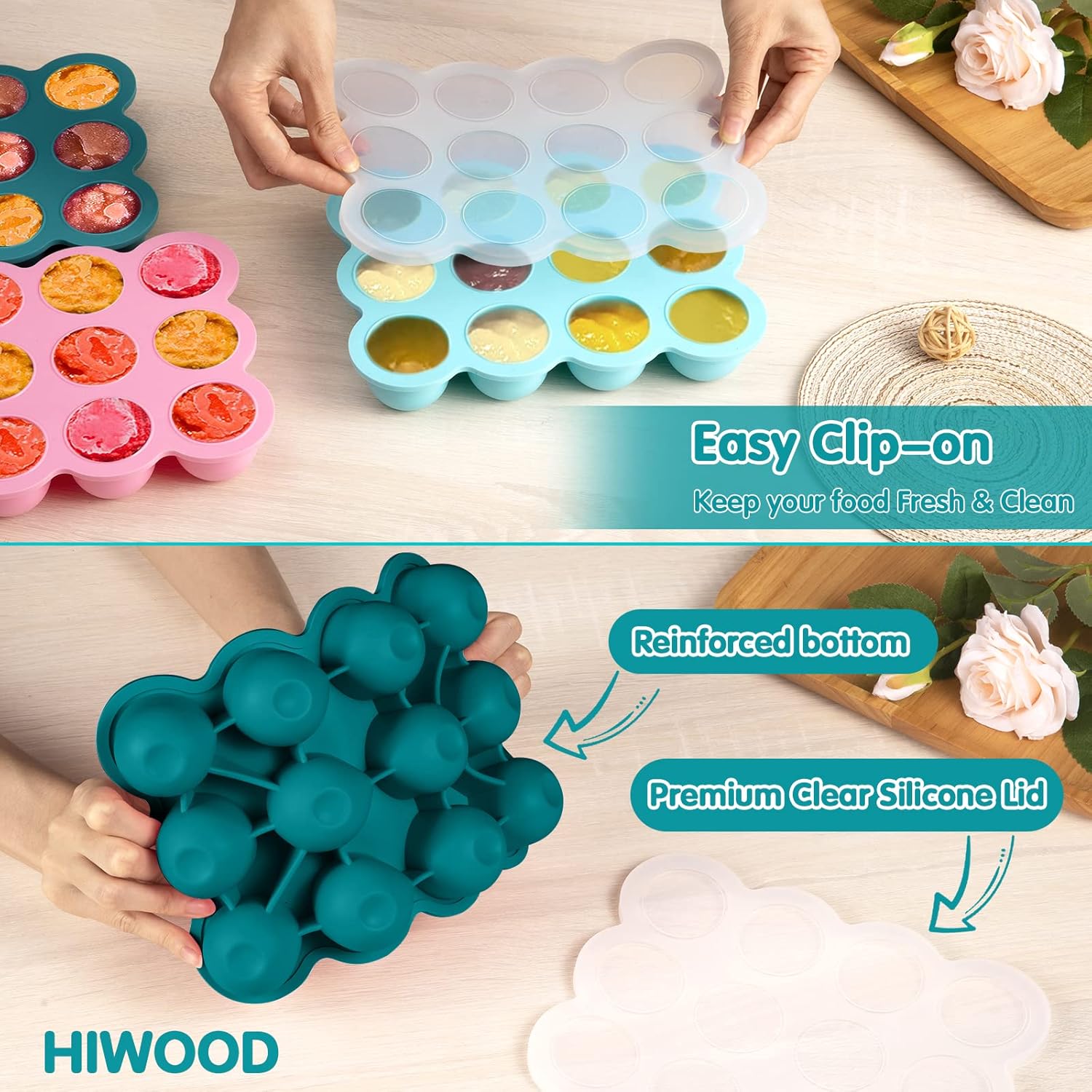 Baby Food Freezer Tray with Clip on Lid, 12 x 1.5 Ounce Baby Food Storage Container, Silicone