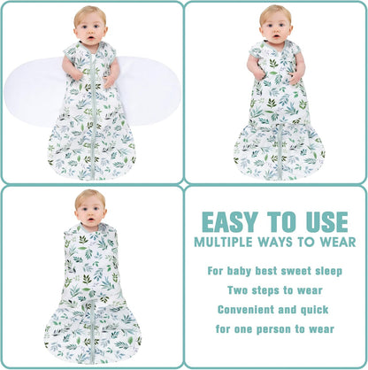 Newborn Sleep Sack Baby Swaddle,Swaddle me 0-3 Month,3-Way Adjustable Wearable Blanket,100% Rayon Cotton Swaddling Sleeping Bag，TOG 0.5 (Leaf, 0-3 Months)