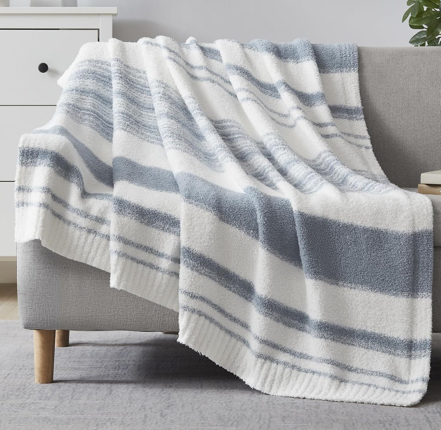 WRENGONGE Grey Blue Throw Blanket, 60x80 Soft Cozy Striped Throw Blankets for Couch, Sofa, Bed