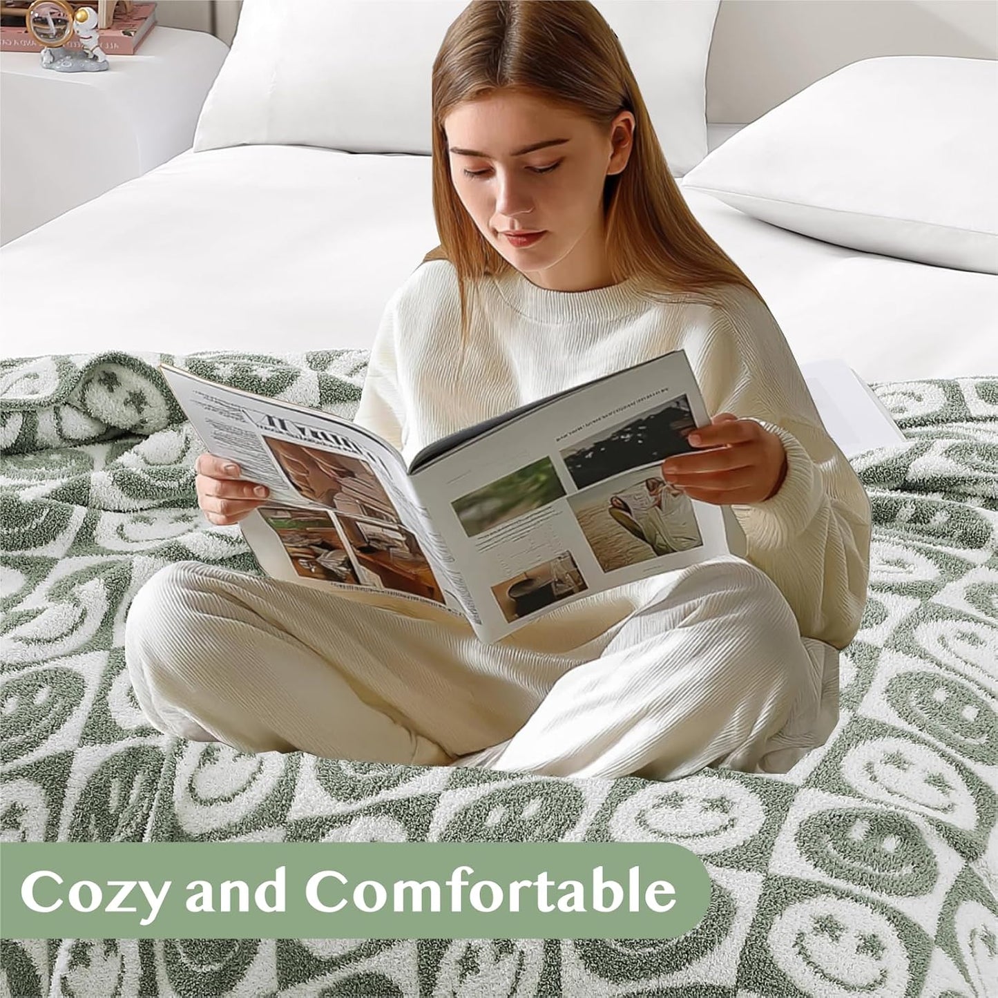 WRENSONGE Checkered Throw Blanket Seagrass Smiling Face Soft Cozy Fluffy Warm Hand Made Throw