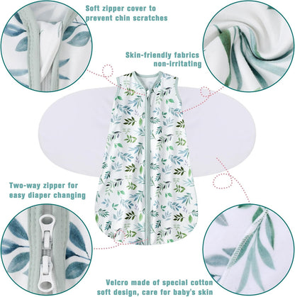 Newborn Sleep Sack Baby Swaddle,Swaddle me 0-3 Month,3-Way Adjustable Wearable Blanket,100% Rayon Cotton Swaddling Sleeping Bag，TOG 0.5 (Leaf, 0-3 Months)