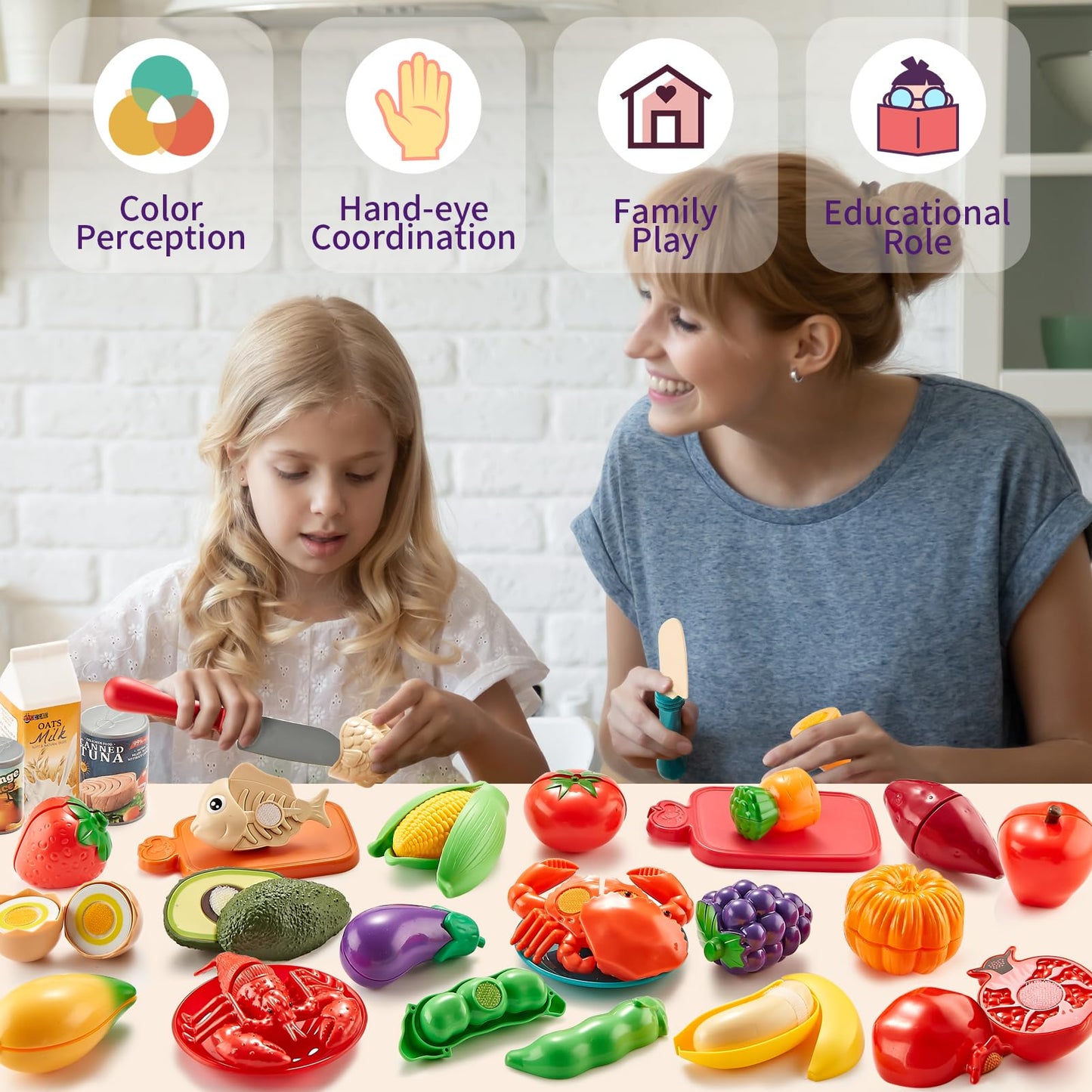 LAUGIGLE Pretend Play Food for Kids Kitchen, 78Pc Cutting Toy Food with Storage Bag