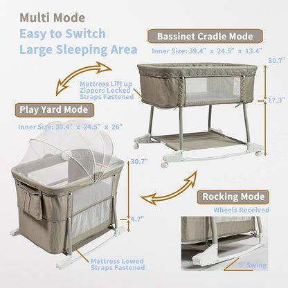 Newborn Portable Bassinet on Wheels for Baby 3 in 1 Bedside Sleeper Rocking Crib Playard with Breathable Mesh Cover Detachable Mosquito Net and Music Box Multi Mode(Light Grey)