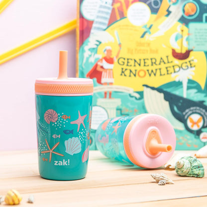 Zak Designs Shells Kelso Tumbler Set, Leak-Proof Screw-On Lid with Straw, Bundle for Kids Includes