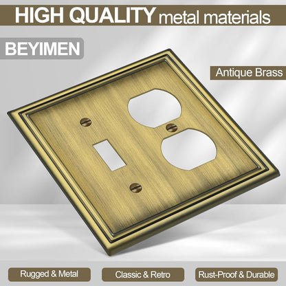 Combination Metal Light Switch Covers Wall Plate, 1 Toggle/1 Duplex Switch Plate Outlet Covers Antique Brass Decorative 2 Gang Wall Plate - Classic Style, 3 Pack