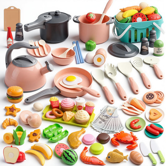 130Pcs Kitchen Playset, Toddler Pretend Cooking Play Pots, Pans, Utensils Cookware, Daily Food