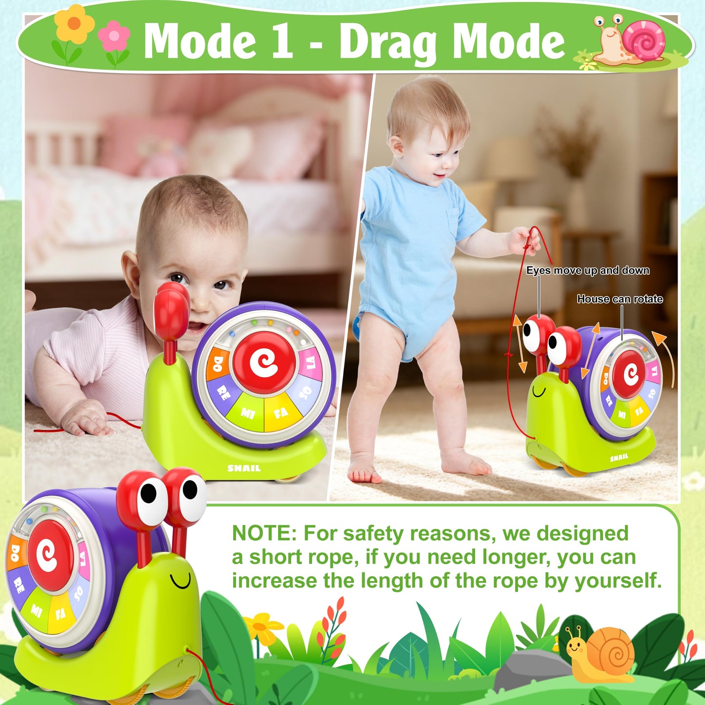 Ciesa 3 in 1 Musical Toddler Toys for 1-3 Year Old, Pull Along Snail Toy with Baby Piano and Light