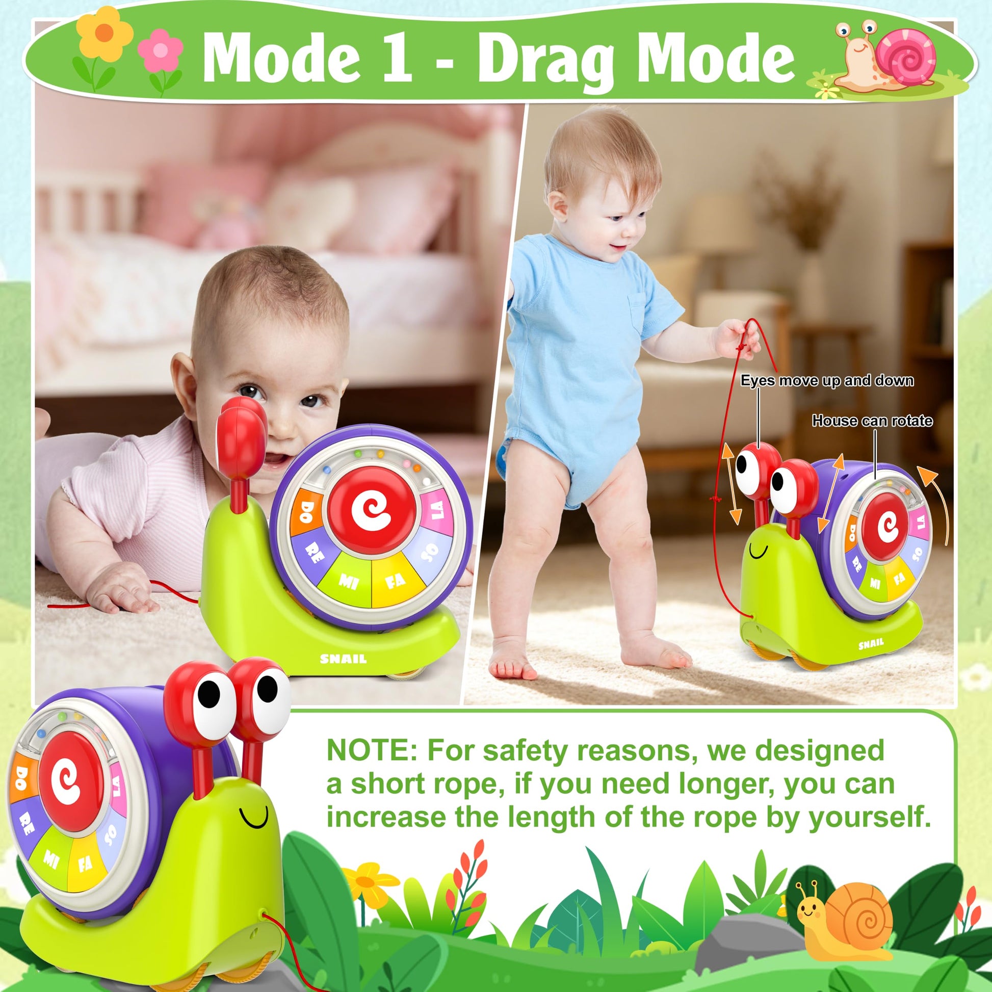 Ciesa 3 in 1 Musical Toddler Toys for 1-3 Year Old, Pull Along Snail Toy with Baby Piano and Light