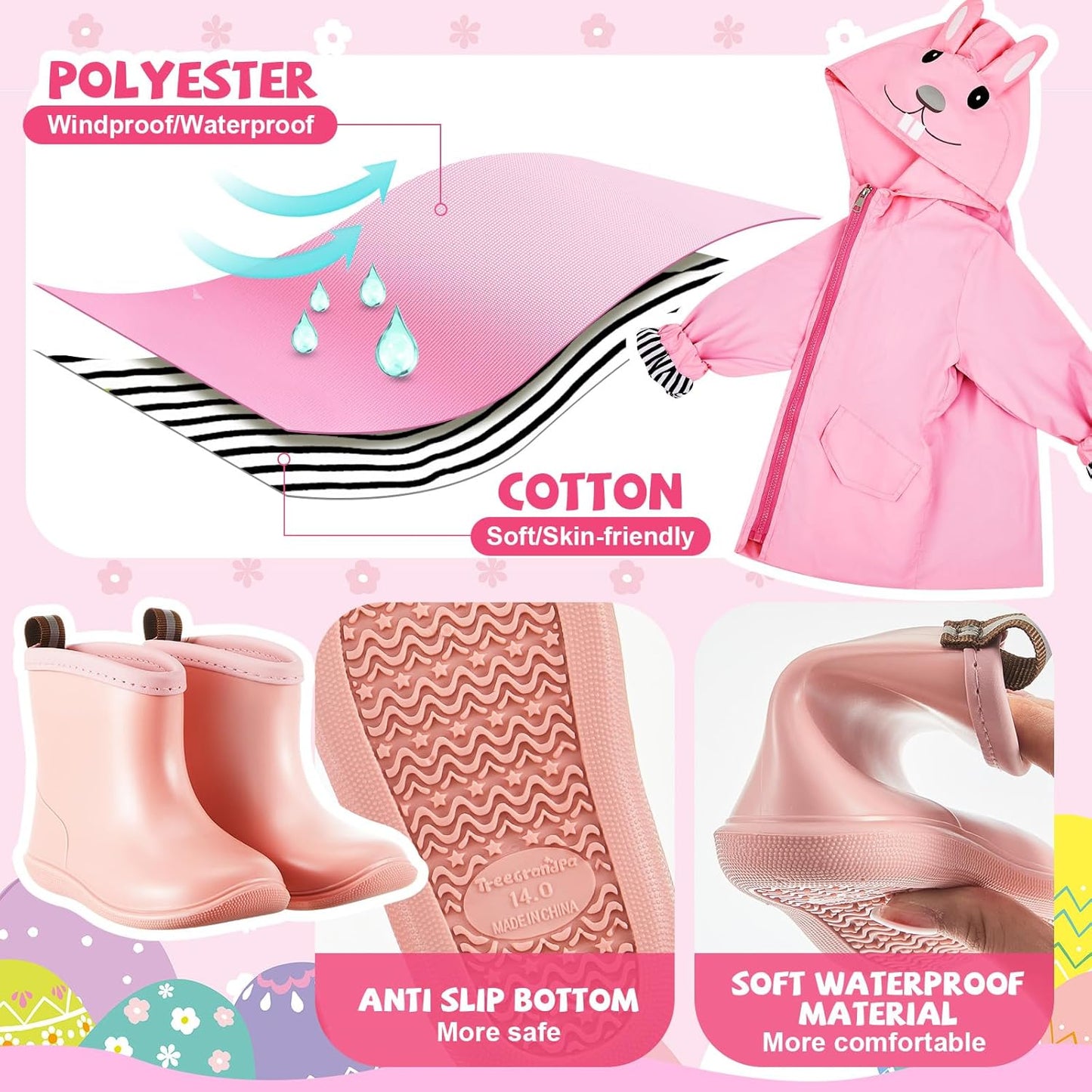 2 Pcs Toddler Raincoat Rain Boots Set Kids Baby Cartoon Hoodie Zipper Jacket Short Rain Shoes for Little Boys Girls