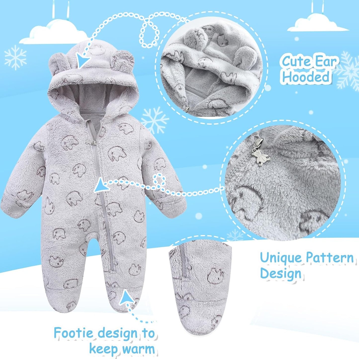 Fairy Baby Newborn Baby Bear Onesie Thin Fleece Footie Romper Snowsuit Hooded Jumpsuit Bodysuit Winter Outwear Boy Girl 0-12M