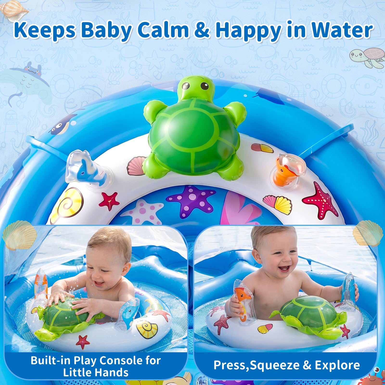 Inflatable Baby Pool Float with Sun Canopy, UPF50 Sun Protection, Portable & Easy to Store, Padded