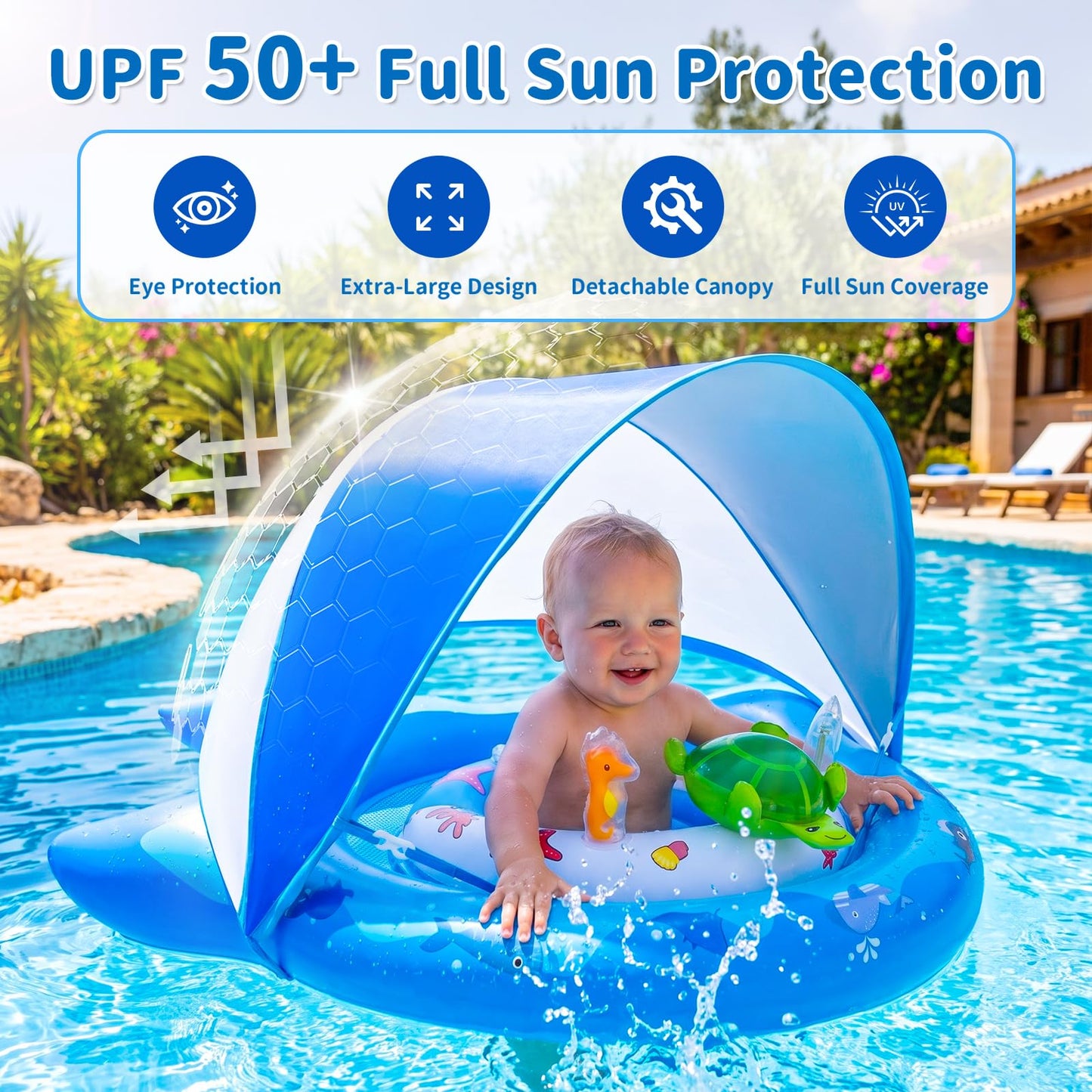 Inflatable Baby Pool Float with Sun Canopy, UPF50 Sun Protection, Portable & Easy to Store, Padded