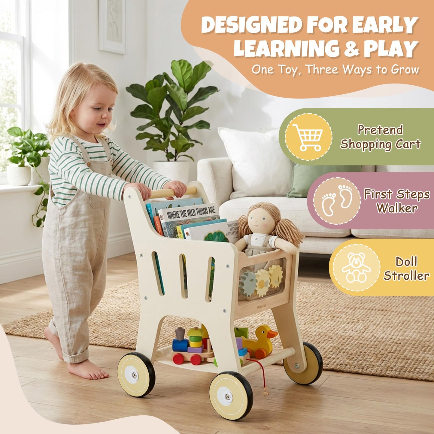 Pithfor Wooden Shopping Cart for Kids, 3 in 1 Wooden Baby Push Walker, Baby Doll Stroller, Toy