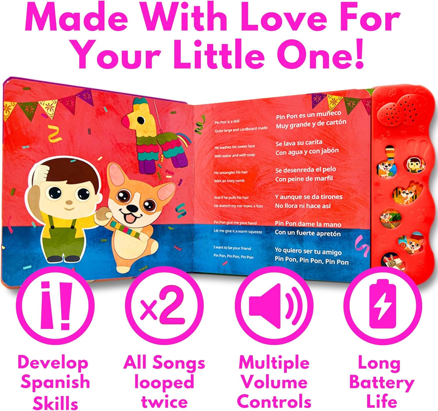 Musical Spanish Books for Kids 1-3, Spanish English Toys for Babies & Toddlers 1-3, Baby & Toddler Spanish Books, Bilingual Learning Toys 1 Year Old, Libros Infantiles en Español