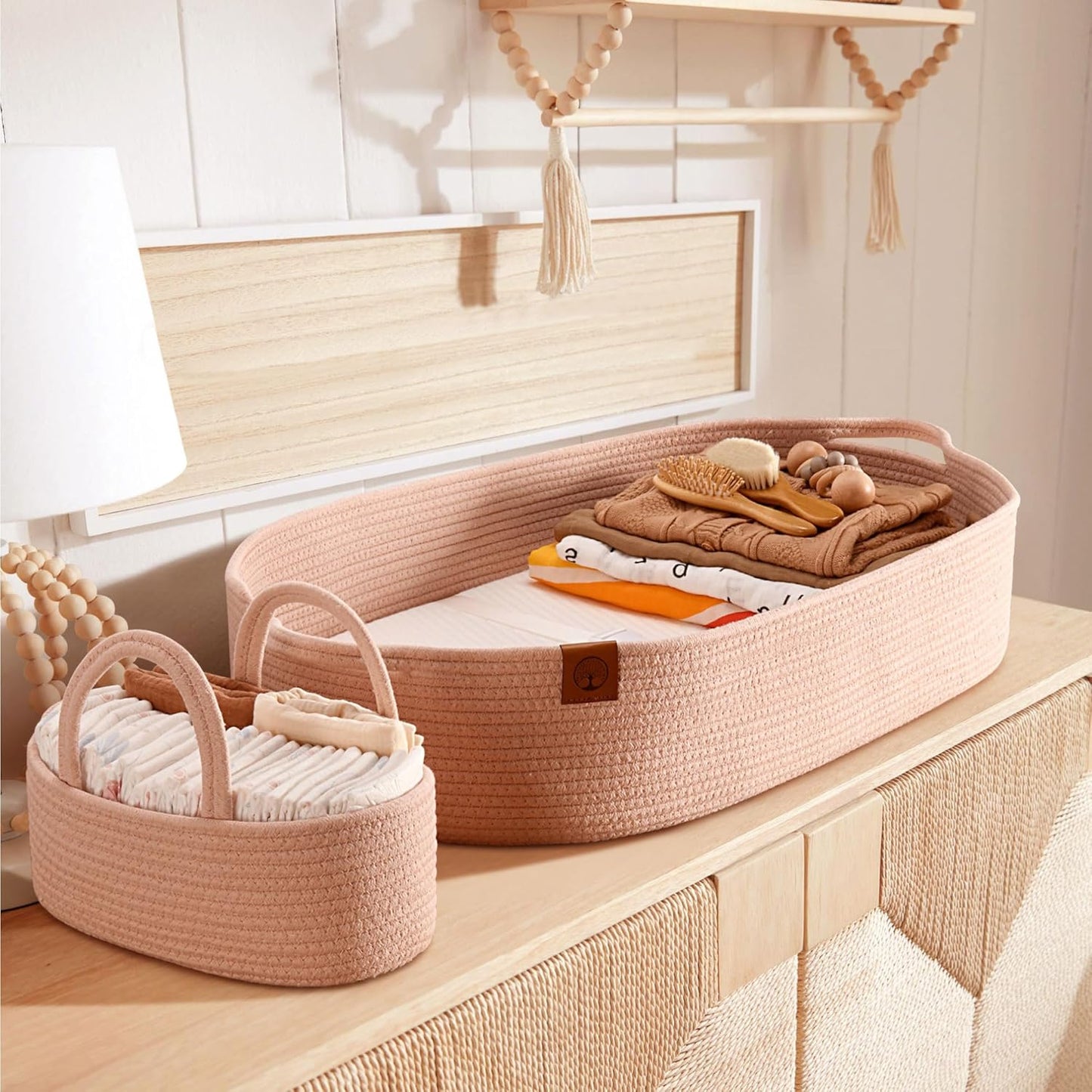 J&JOO Baby Changing Basket includes Diaper Caddy - Breathable & Waterproof Dual-Cover, Portable, Changing Pad for Dresser & Changing Table, Gift for Baby Shower (Coral Pink, Diaper Caddy Set)