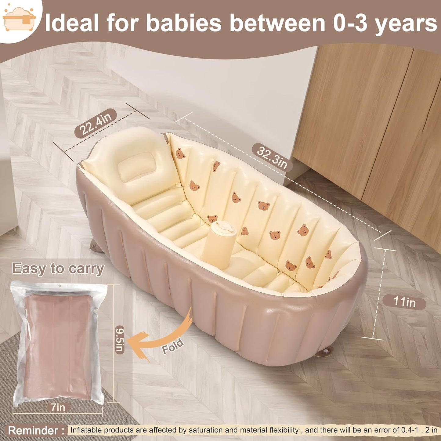 MINK Inflatable Bathtub for Toddlers - Portable Baby Tub with Built-in Air Pump - Collapsible
