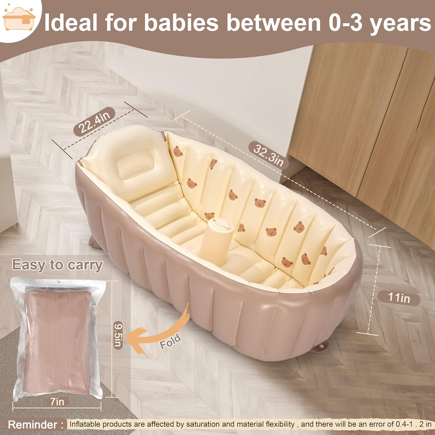 MINK Inflatable Bathtub for Toddlers - Portable Baby Tub with Built-in Air Pump - Collapsible
