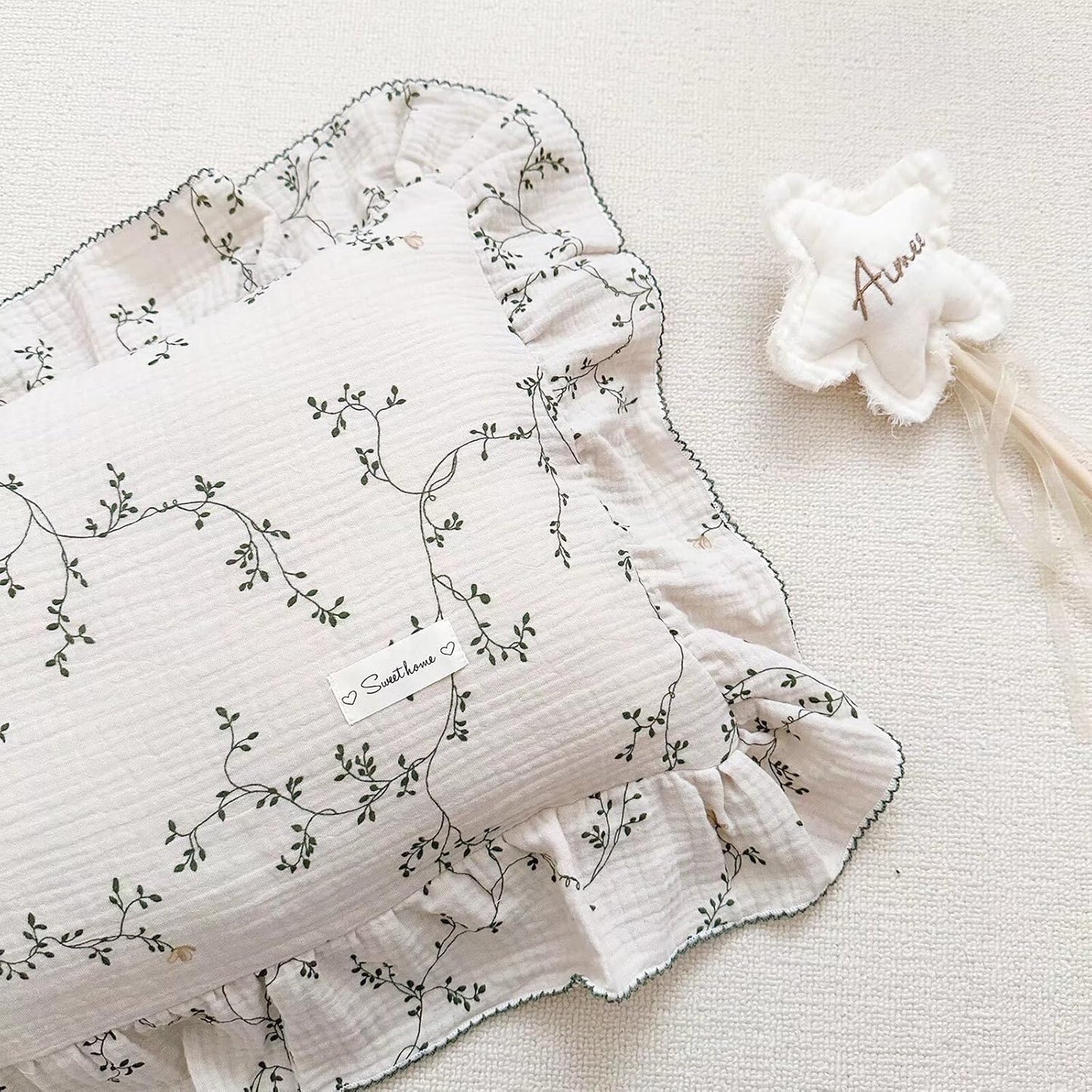 BuLuTu Muslin Toddler Pillowcase Boys Girls Shabby Chic Floral Design Pillow Cases 100% Cotton Gauze Pillow Covers with Envelope Closure,Soft Breathable,Vine Pattern,14"x20"