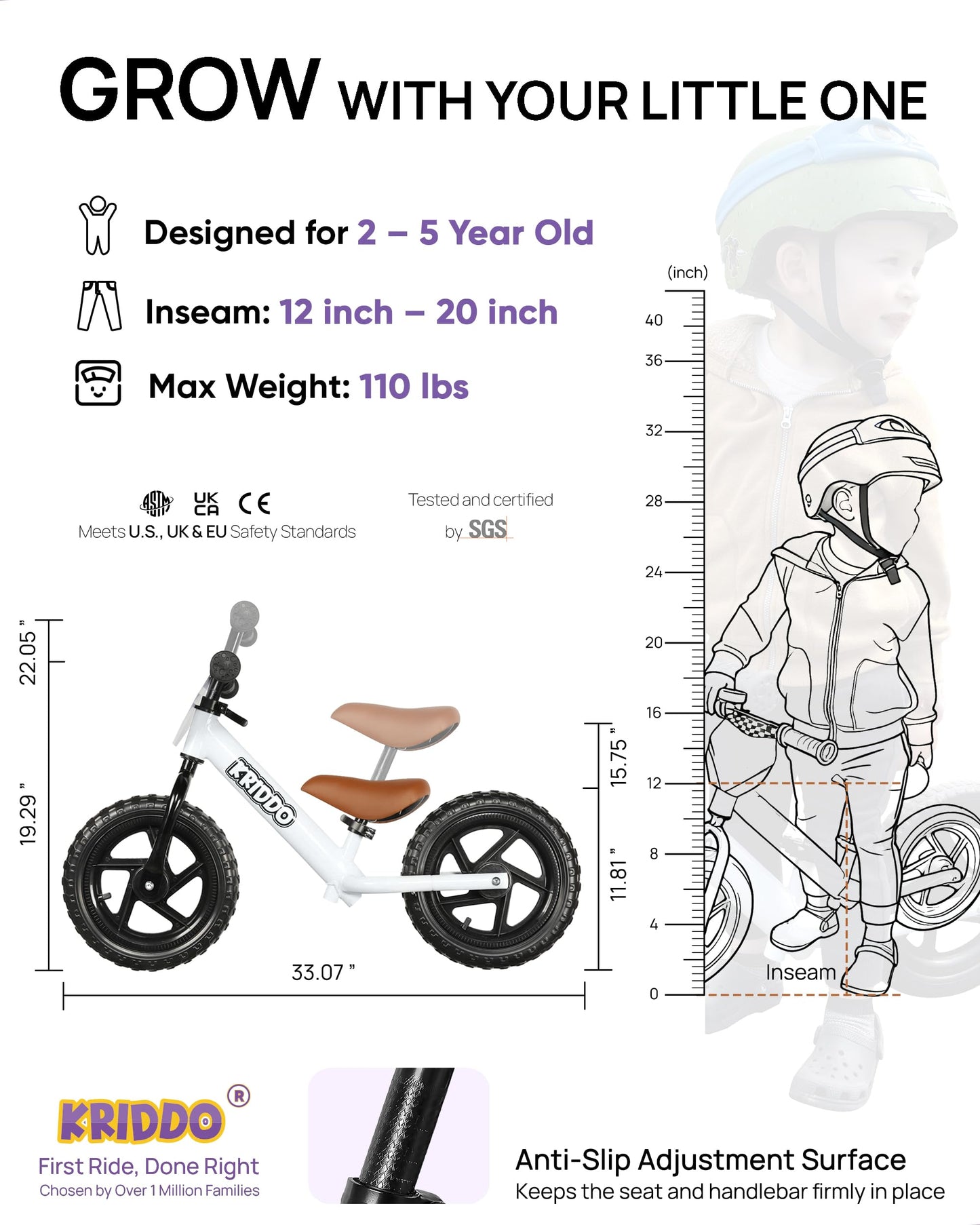 KRIDDO Toddler Balance Bike 2 Year Old, Gift for 2-3 Boys Girls, Adjustable