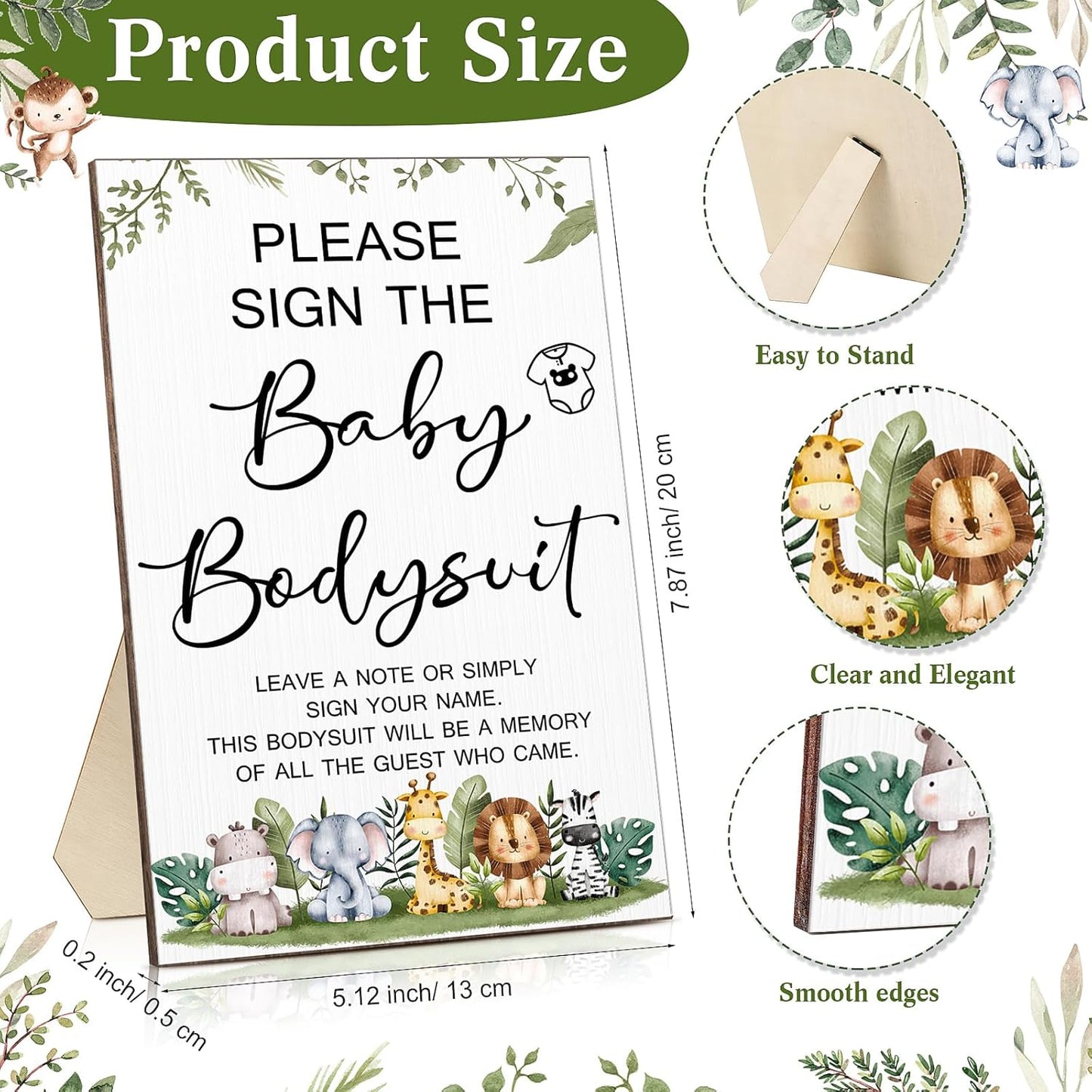 Qunclay 12 Pcs Baby Bodysuit Baby Shower Game Include 1 Game Wooden Sign Tabletop Decor 1 White Blank Newborn Bodysuit 10 Fabric Marker for Gender Reveal Party(Safari)