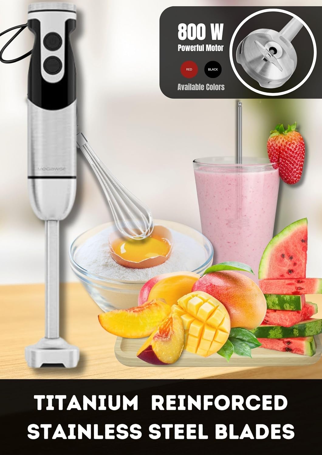 Megawise High-Power Hand Blender – 400W Max Power with Versatile 3-in-1 Attachments (Blending